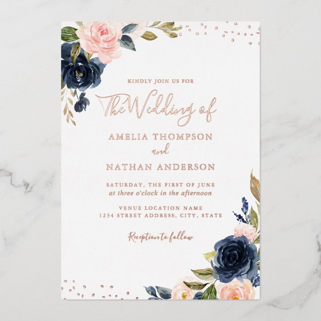 ROSE GOLD FOIL Navy Pink Floral Wedding (Front)