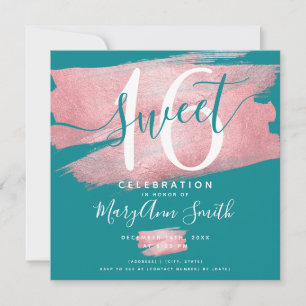 Rose Gold Foil Paint Sweet 16th Birthday Teal  Invitation