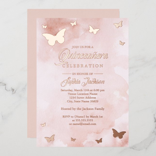 ROSE GOLD FOIL Pink Butterfly Quinceanera  (Front/Back)