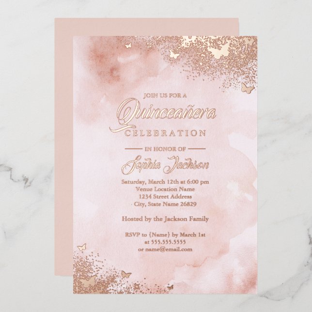 ROSE GOLD FOIL Pink Peach Butterfly Quinceanera  (Front/Back)