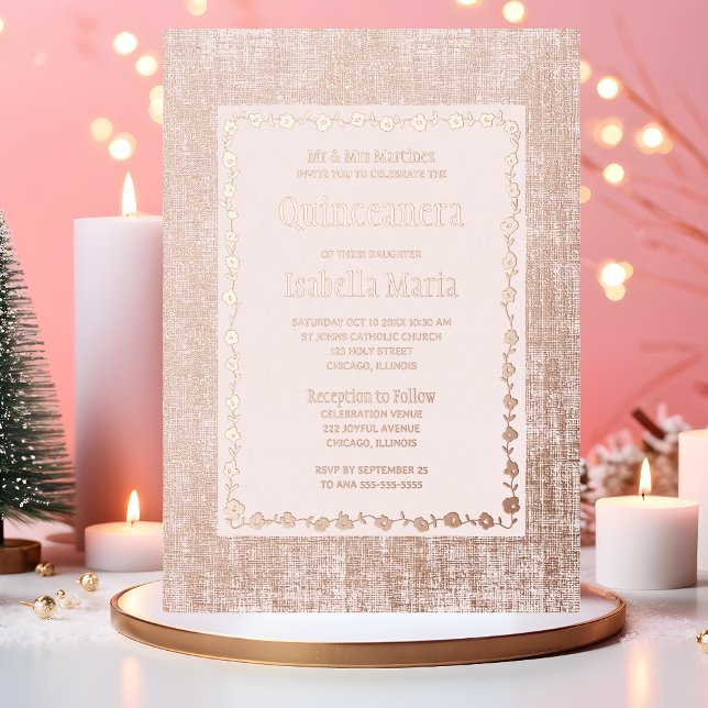 Rose Gold Foil Quinceañera Invitation Floral Pink (Creator Uploaded)