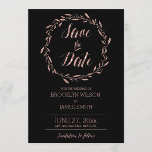 Rose Gold Foil Save The Date Cards Wreath Black