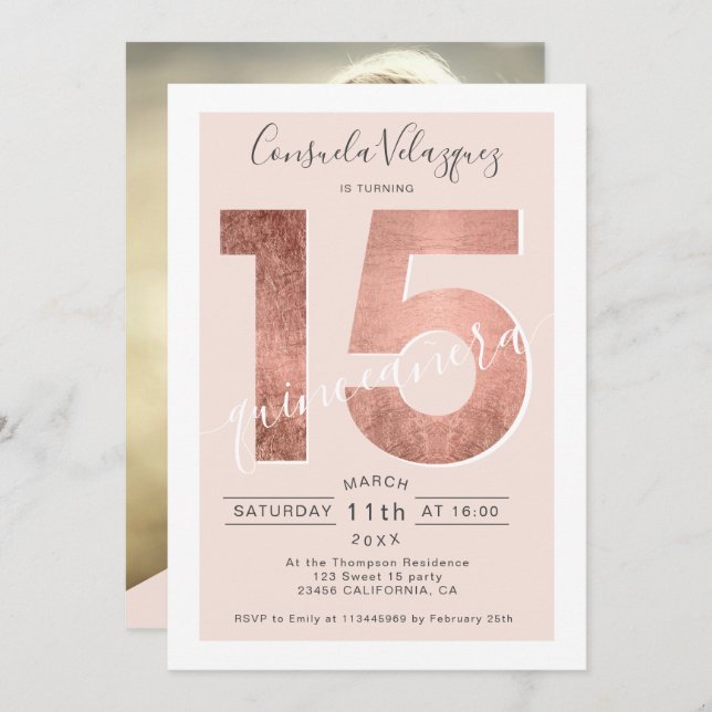 Rose gold foil script blush quinceanera photo invitation (Front/Back)