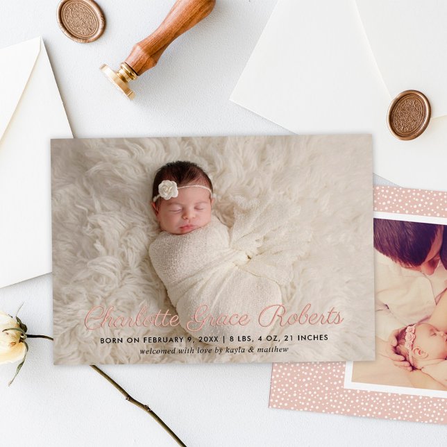 Rose Gold Foil Script Photo Birth Announcement (Creator Uploaded)