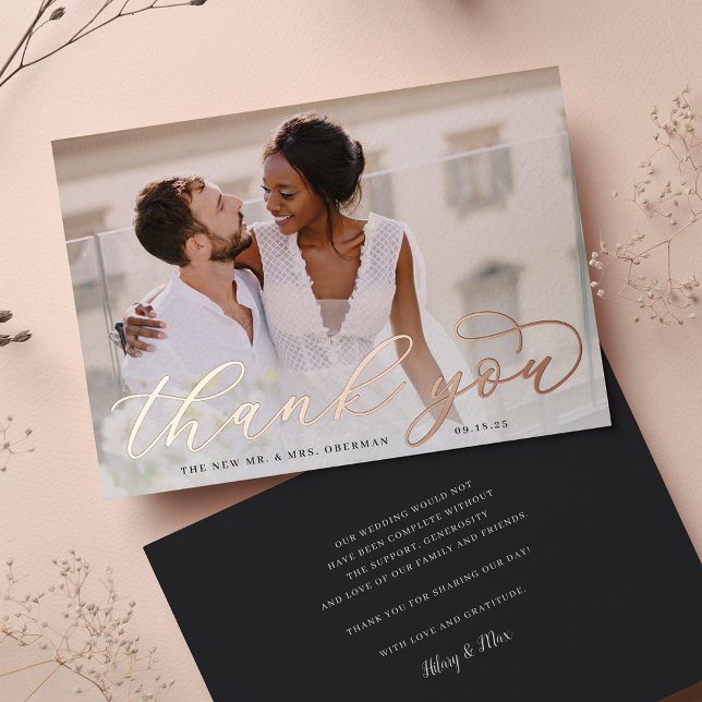 Rose Gold Foil Script Wedding Photo Thank You Card (Creator Uploaded)