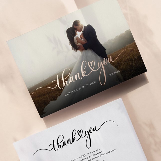 Rose Gold Foil Script Wedding Photo Thank You Card (Wedding Thank You Couples Photos Rose Gold Foil Card)