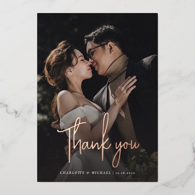 Rose Gold Foil Script Wedding Photo Thank You Card (Front)