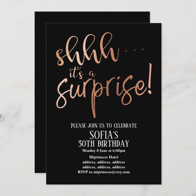 Rose Gold Foil , shhh it's a Surprise party Invitation (Front/Back)