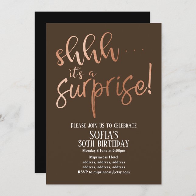 Rose Gold Foil , shhh it's a Surprise party Invitation (Front/Back)