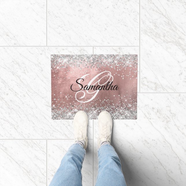 Rose Gold Foil Silver Glitter Fancy Monogram Doormat (Indoor)