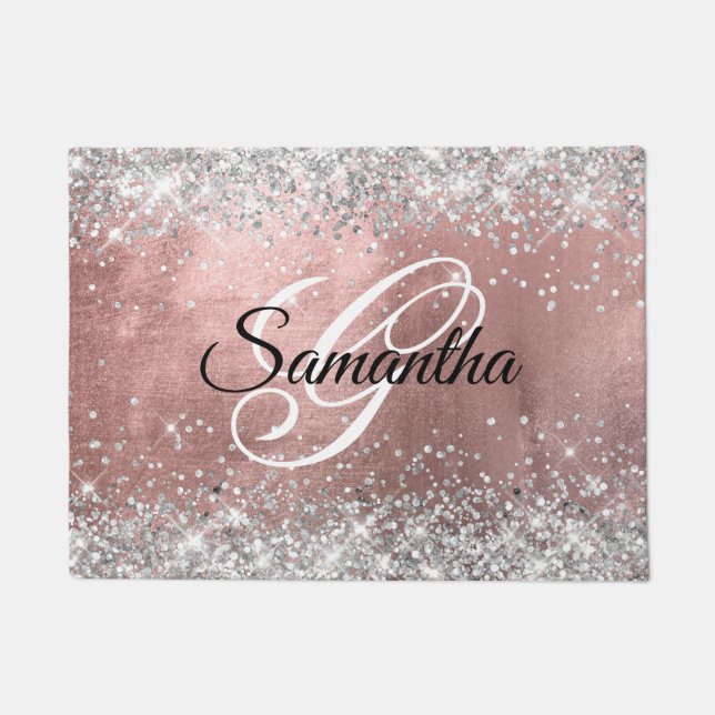 Rose Gold Foil Silver Glitter Fancy Monogram Doormat (Front)