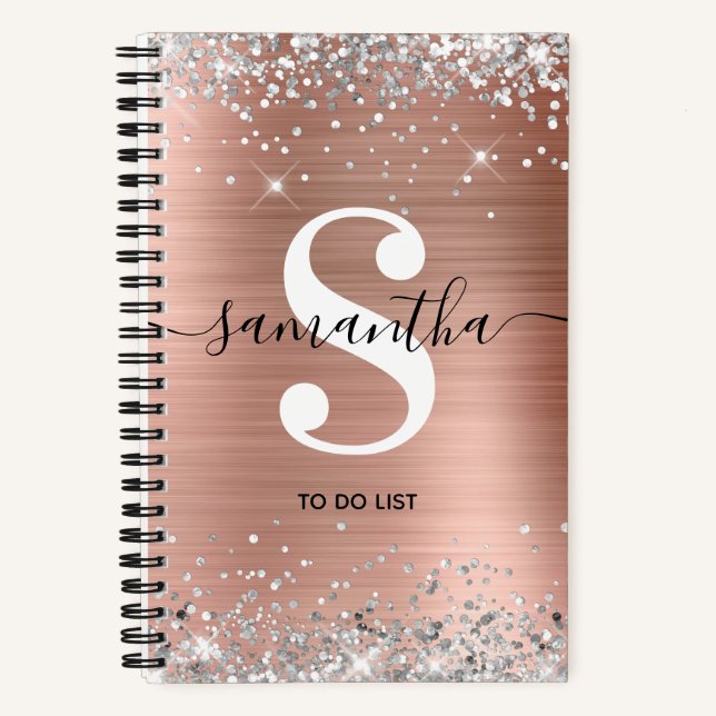 Rose Gold Foil Silver Glitter Monogram To Do List Notebook (Front)