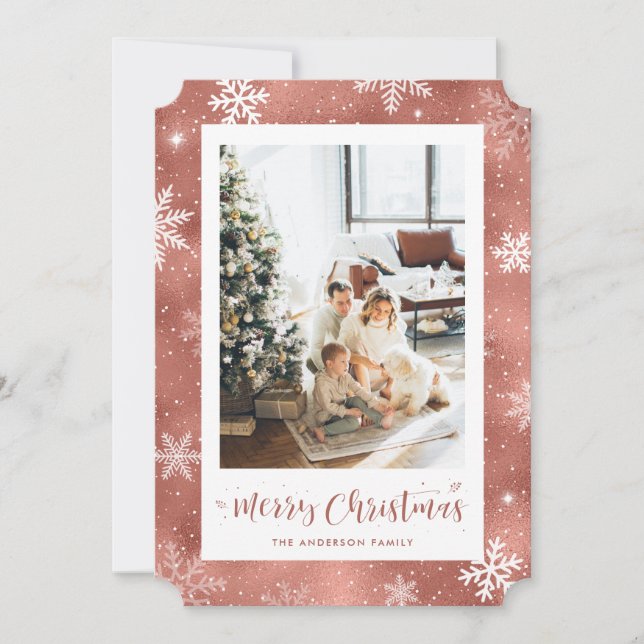 Rose Gold Foil Snowflake Photo Merry Christmas Holiday Card (Front)