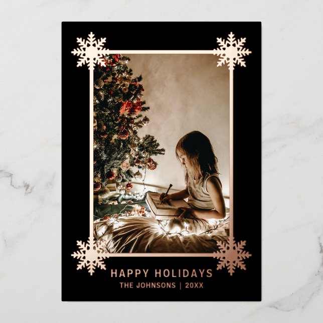 Rose Gold Foil Snowflakes Holidays PHOTO Foil  Foil Holiday Card (Front)
