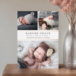 Rose Gold Foil Stripe 3 Photo Birth Announcement