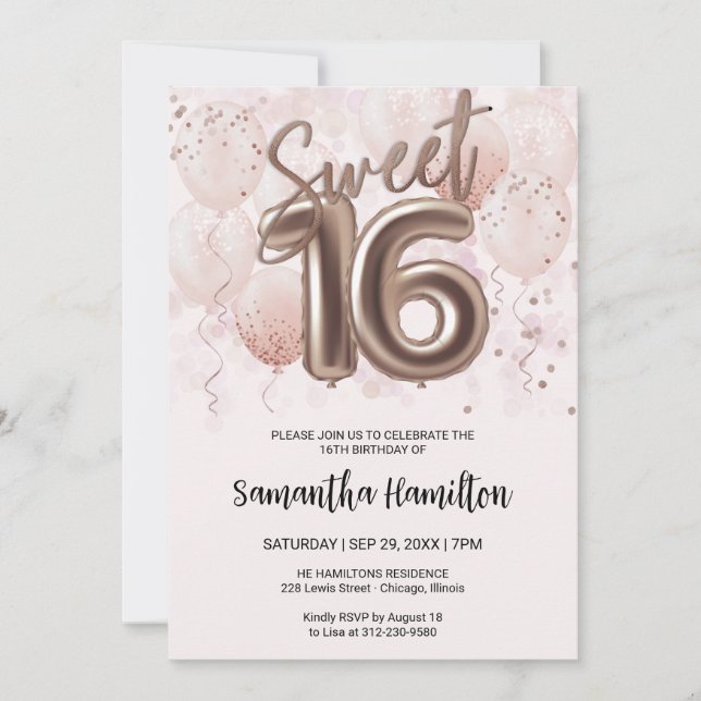 Rose Gold Foil Sweet 16 Bday Balloons Party Pink Invitation (Front)