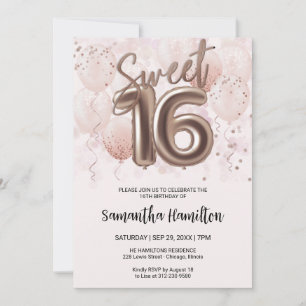 Rose Gold Foil Sweet 16 Bday Balloons Party Pink Invitation