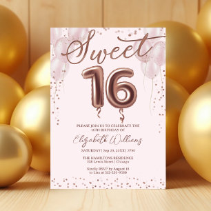 Rose Gold Foil Sweet 16 Birthday Balloons Pink Invitation