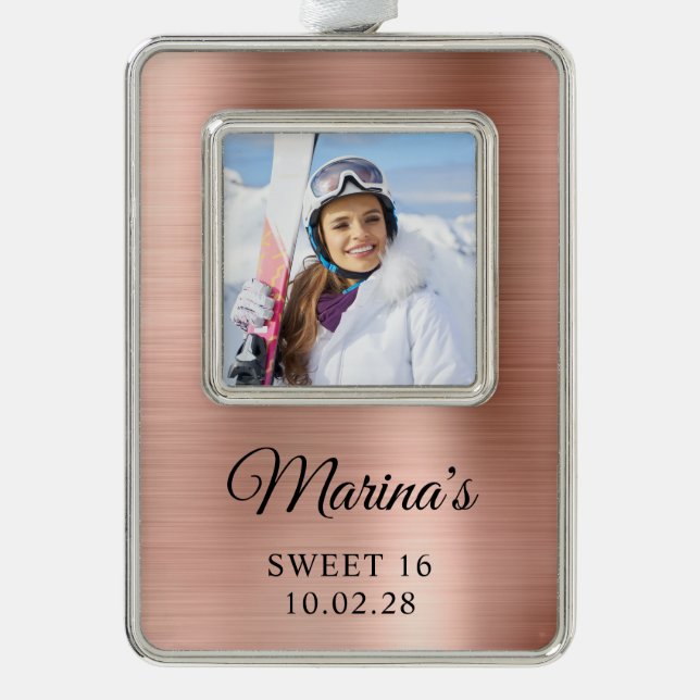 Rose Gold Foil Sweet 16 Photo Silver Plated Framed Ornament (Front)