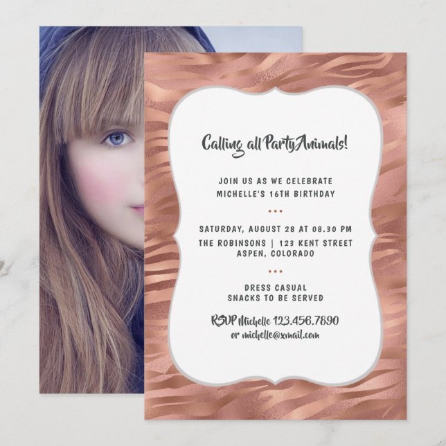 Rose Gold Foil Tiger Stripes Any Age Birthday Invitation (Front/Back)