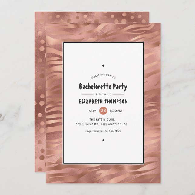 Rose Gold Foil Tiger Stripes Bachelorette Party Invitation (Front/Back)