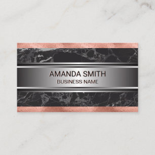 Rose Gold Foil Trim   Black Marble Silver Metallic Business Card