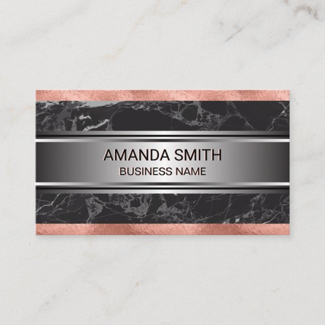 Rose Gold Foil Trim | Black Marble Silver Metallic Business Card (Front)