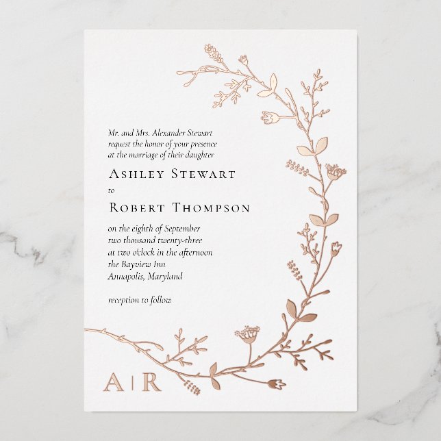 Rose Gold Foil Vine Scroll Wedding Invitation,  (Front)