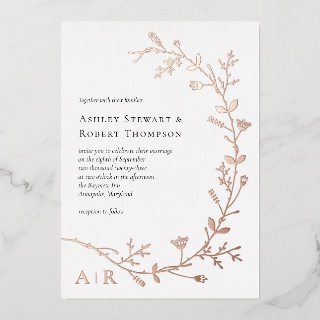 Rose Gold Foil Vine Scroll Wedding Invitation, (Front)
