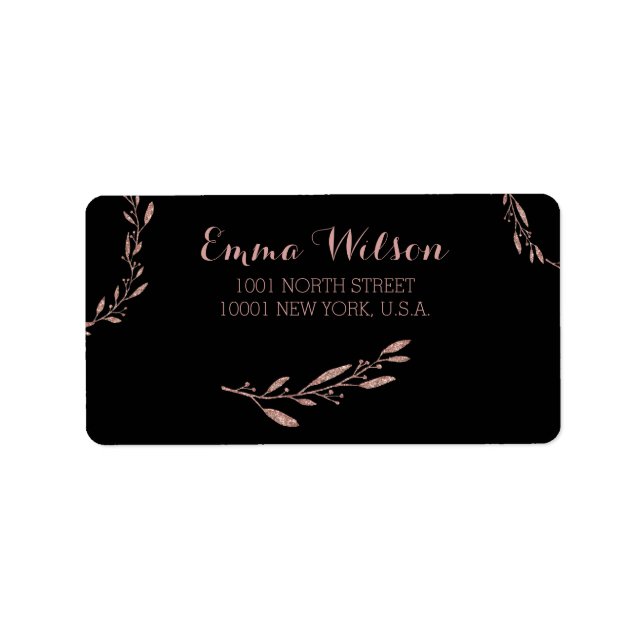 Rose Gold Foil Wedding Address Labels Floral Black (Front)