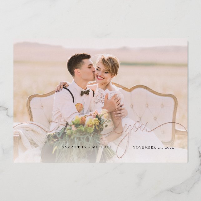 Rose Gold Foil Wedding Photo Thank You Card (Front)