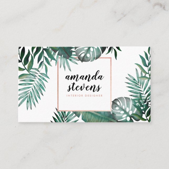 Rose gold foil white tropical green watercolor business card (Front)