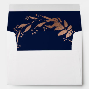 Rose Gold Foliage Navy Blue Wedding Invitation Envelope