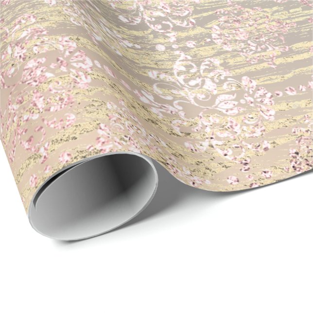 Rose Gold Foxier Metallic Damask Wood Pink Royal Wrapping Paper (Roll Corner)