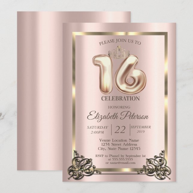 Rose Gold Frame,Border,Crown Sweet 16 Party Invita Invitation (Front/Back)