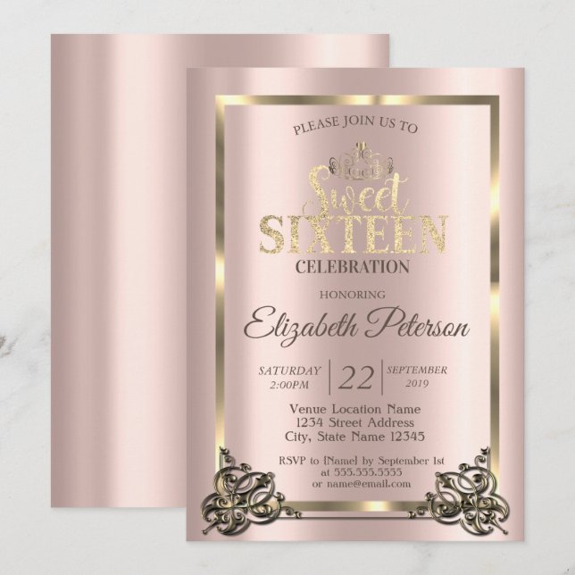 Rose Gold Frame,Border,Tiara Sweet 16 Party Invita Invitation (Front/Back)