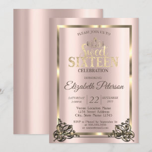 Rose Gold Frame,Border,Tiara Sweet 16 Party Invita Invitation