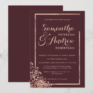 Rose gold frame burgundy confetti wedding invitation