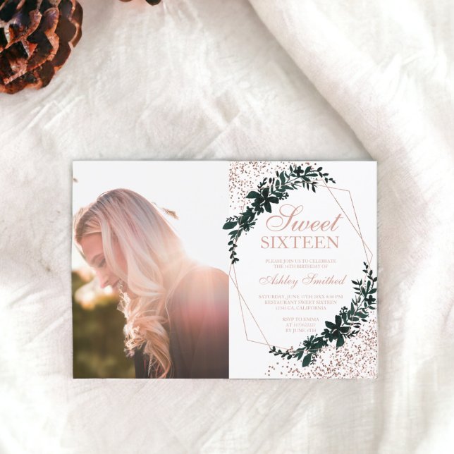 Rose gold frame green confetti photo Sweet 16 Invitation (Rose gold frame green confetti photo Sweet 16 Invitation)