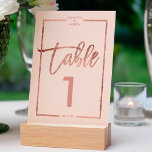 Rose gold frame script blush pink table number<br><div class="desc">rose Gold typography on customisable blush pink rose gold half frame,  and faux rose gold geometric stripes chic table number wedding ,  perfect for elegant,  beach wedding, </div>