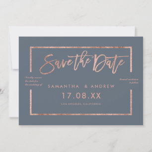 Rose gold frame script dusty blue save the date