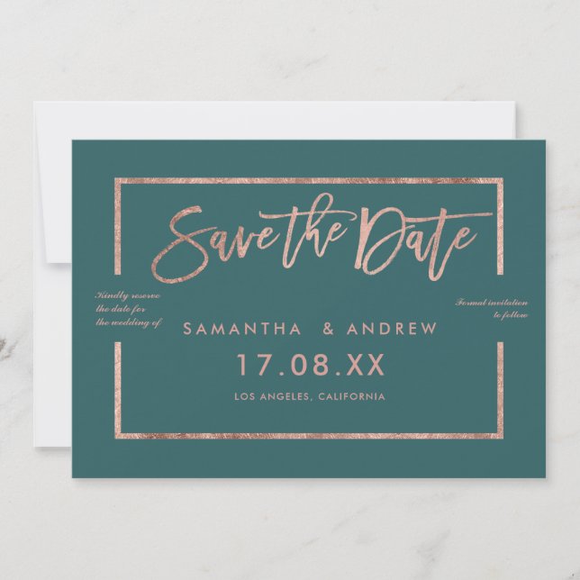 Rose gold frame script green teal save the date (Front)