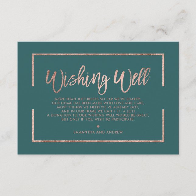Rose gold frame script green teal wishing well enclosure card (Front)