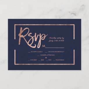 Rose gold frame script navy blue rsvp wedding