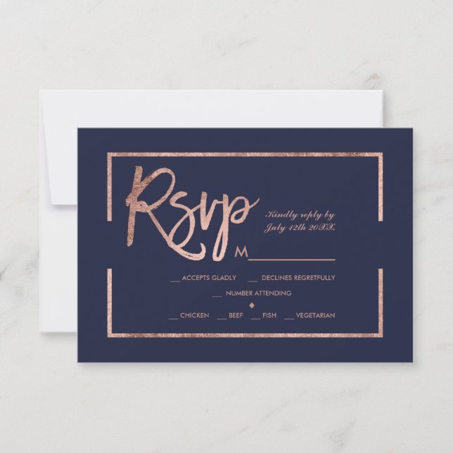 Rose gold frame script navy blue rsvp wedding card (Front)