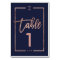 Rose gold frame script navy blue table number