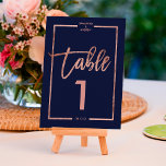 Rose gold frame script navy blue table number<br><div class="desc">rose Gold typography on customisable navy blue rose gold half frame,  and faux rose gold geometric stripes chic table number wedding ,  perfect for elegant,  beach wedding, </div>