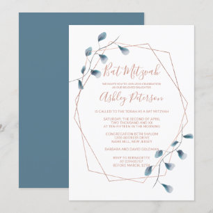 Rose gold frame watercolor chic blue Bat Mitzvah Invitation
