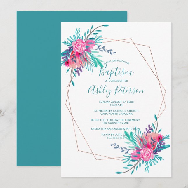 Rose gold frame watercolor floral baptism invitation (Front/Back)