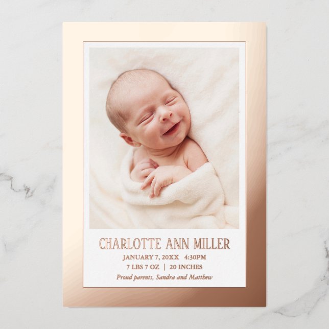 Rose Gold Framed Baby Birth Announcement Card (Front)